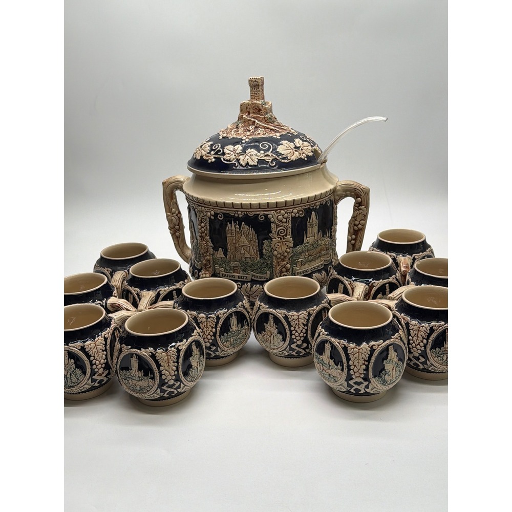 Marzi & Remy German Stoneware Punch Bowl Set 12 Mugs Castles Cobalt Blue Vintage